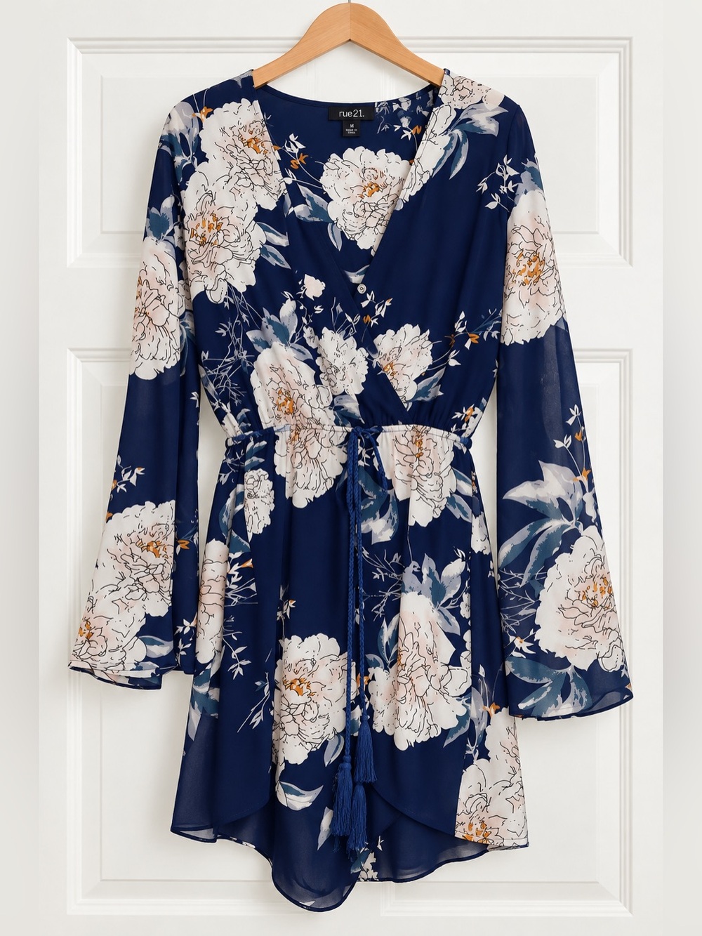 Navy Floral Long Sleeve Faux Wrap Romper